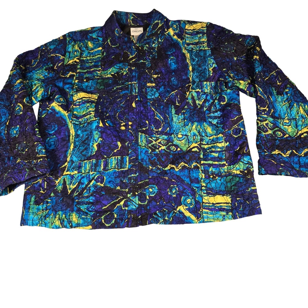 Chicos Silk Embroidered Abstract Batik Zip Up Jacket Blue Purple Green Size 2